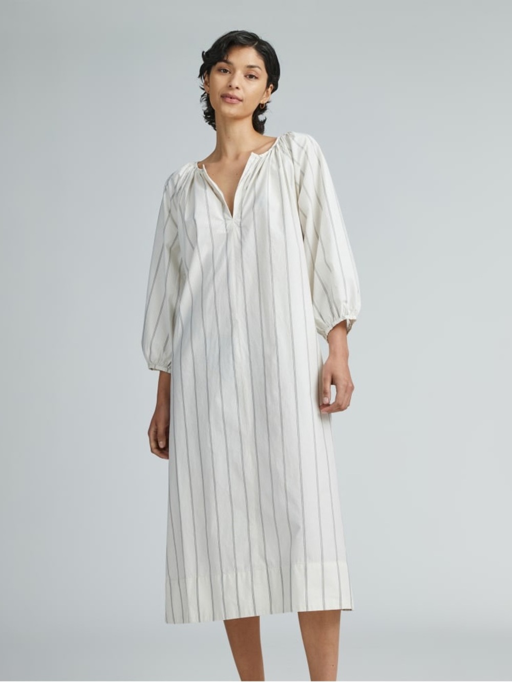Everlane The Raglan Sleeve Cotton Poplin Midi Cream/Gray Pinstripes Size Large